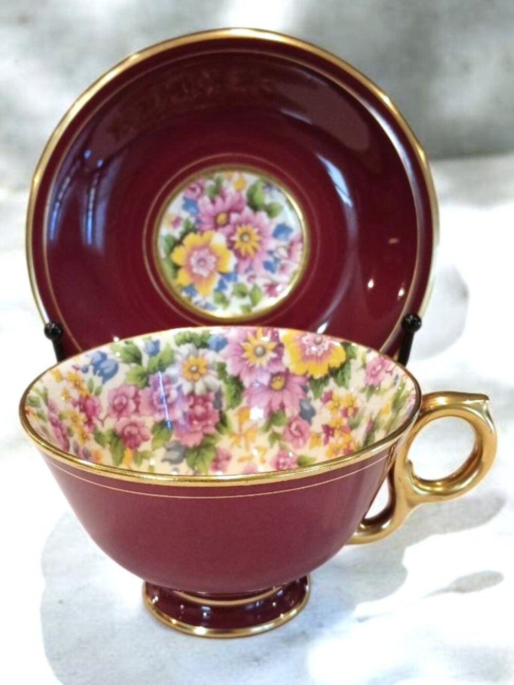 RARE ROYAL WINTON TEA COFFEE CUP & SAUCER SET CHINTZ CHEADLE MAROON FLORAL GOLD